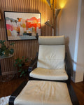 IKEA POANG Chair and Ottoman in Black Birch Frame with Cream Leather Upholstery