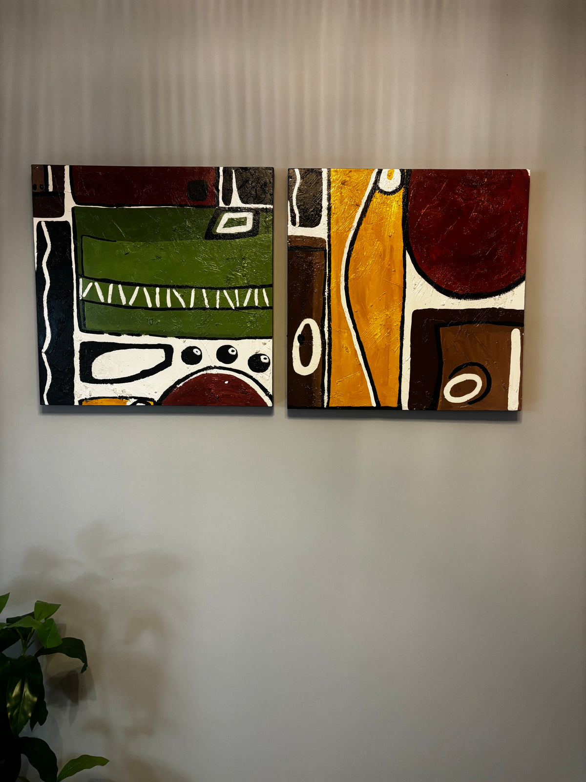 Pair of Mid-Century Modern Geometric Acrylic Canvas Paintings by Soho Kitty