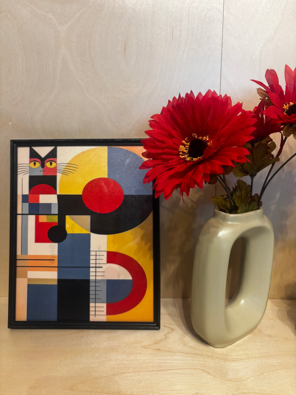 Mid-Century Modern Geometric Cat Canvas Art in Vintage Black Metal Frame, 8 x 10 by Soho Kitty