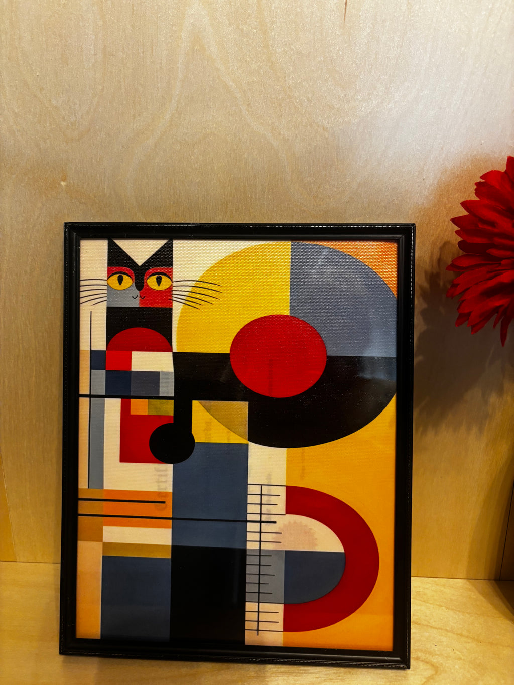 Mid-Century Modern Geometric Cat Canvas Art in Vintage Black Metal Frame, 8 x 10