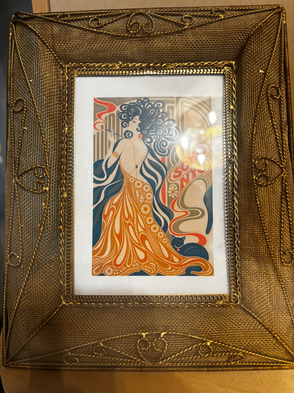 Retro Girl Art Print in Mid-Century Modern Gold Mesh Frame, 8 x 10 by Soho Kitty