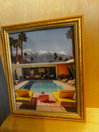 Mid-Century Modern Poolside Architectural Canvas Art in Gold and Yellow Frame, 8 x 10 by Soho Kitty