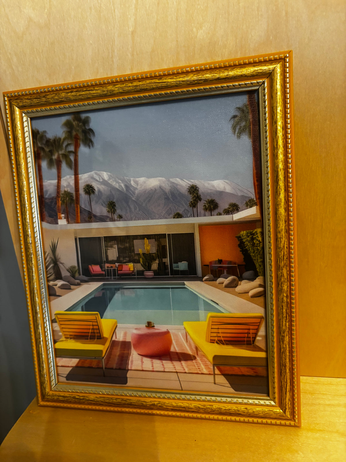 Mid-Century Modern Poolside Architectural Canvas Art in Gold and Yellow Frame, 8 x 10 by Soho Kitty