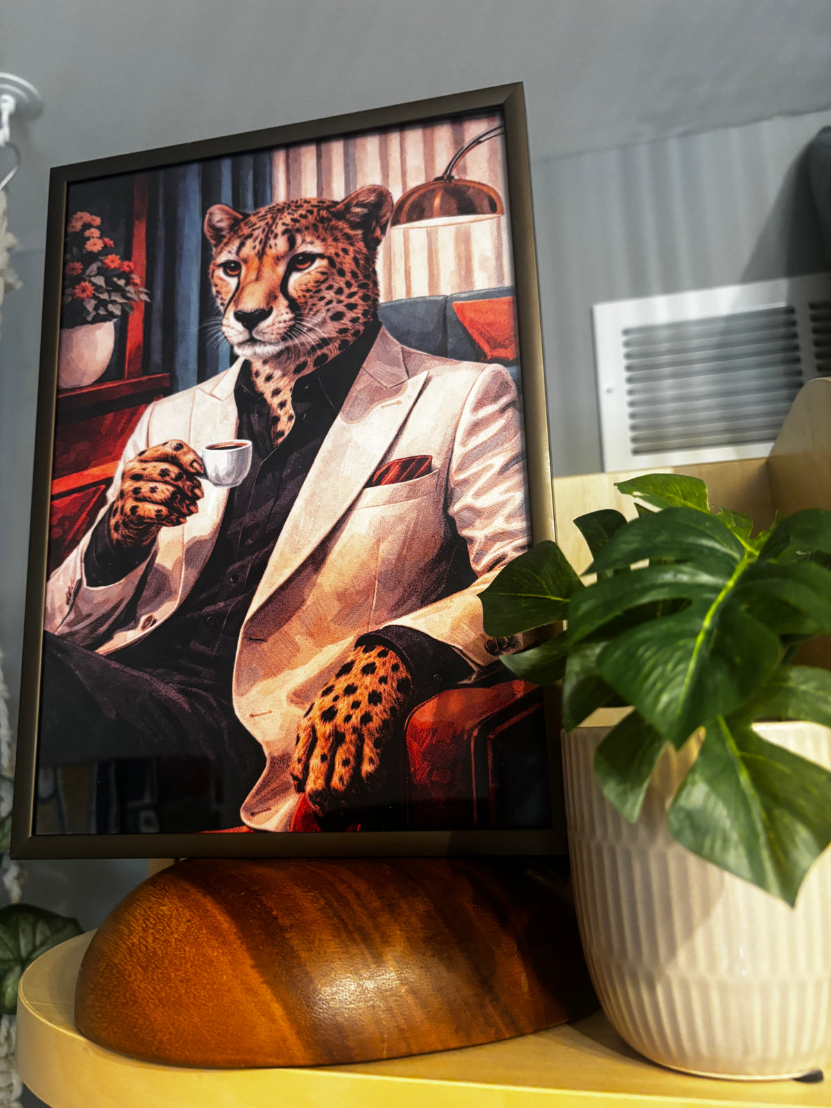 Cheetah in a Suit Whimsical Pop Art Print in Brown and Bronze Frame, 8 x 12 by Soho Kitty