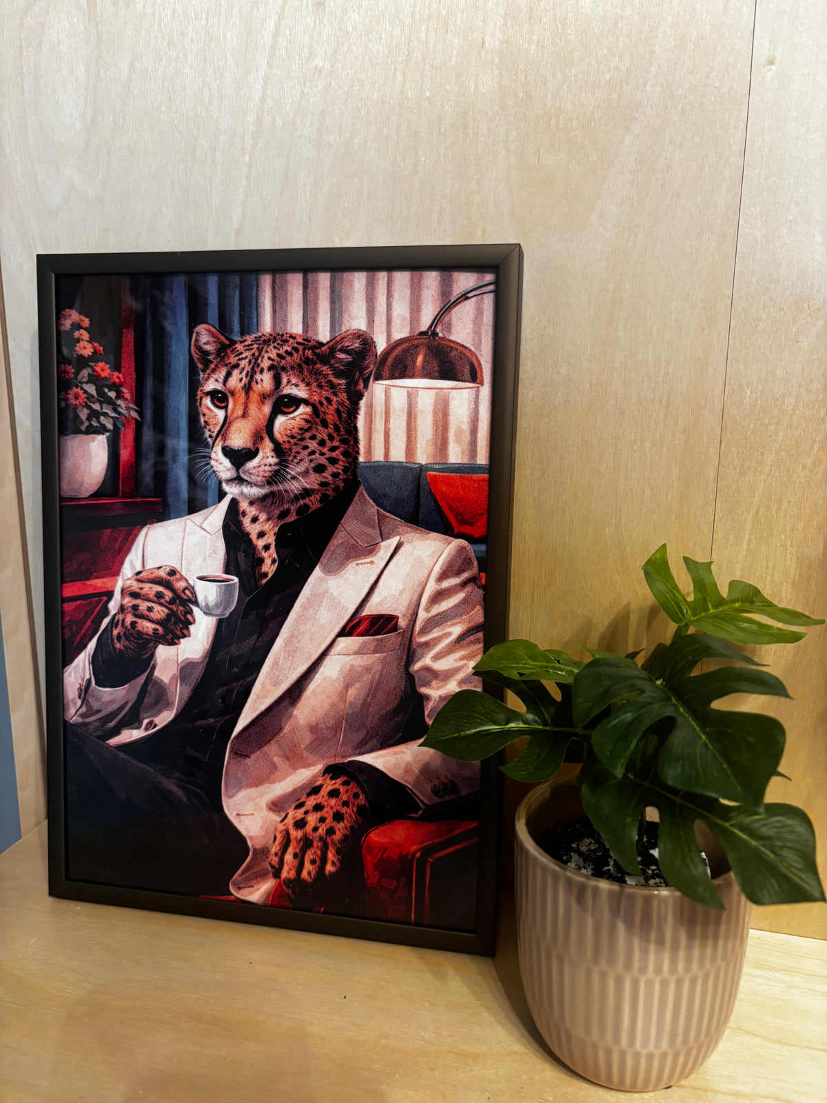 Cheetah in a Suit Whimsical Pop Art Print in Brown and Bronze Frame, 8 x 12