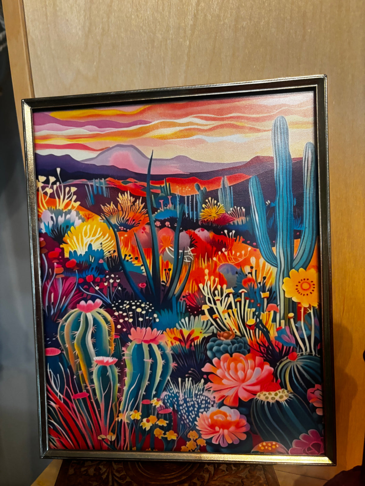 Western Desert Sunset and Cactus Canvas Art in Vintage Gold Frame by Soho Kitty