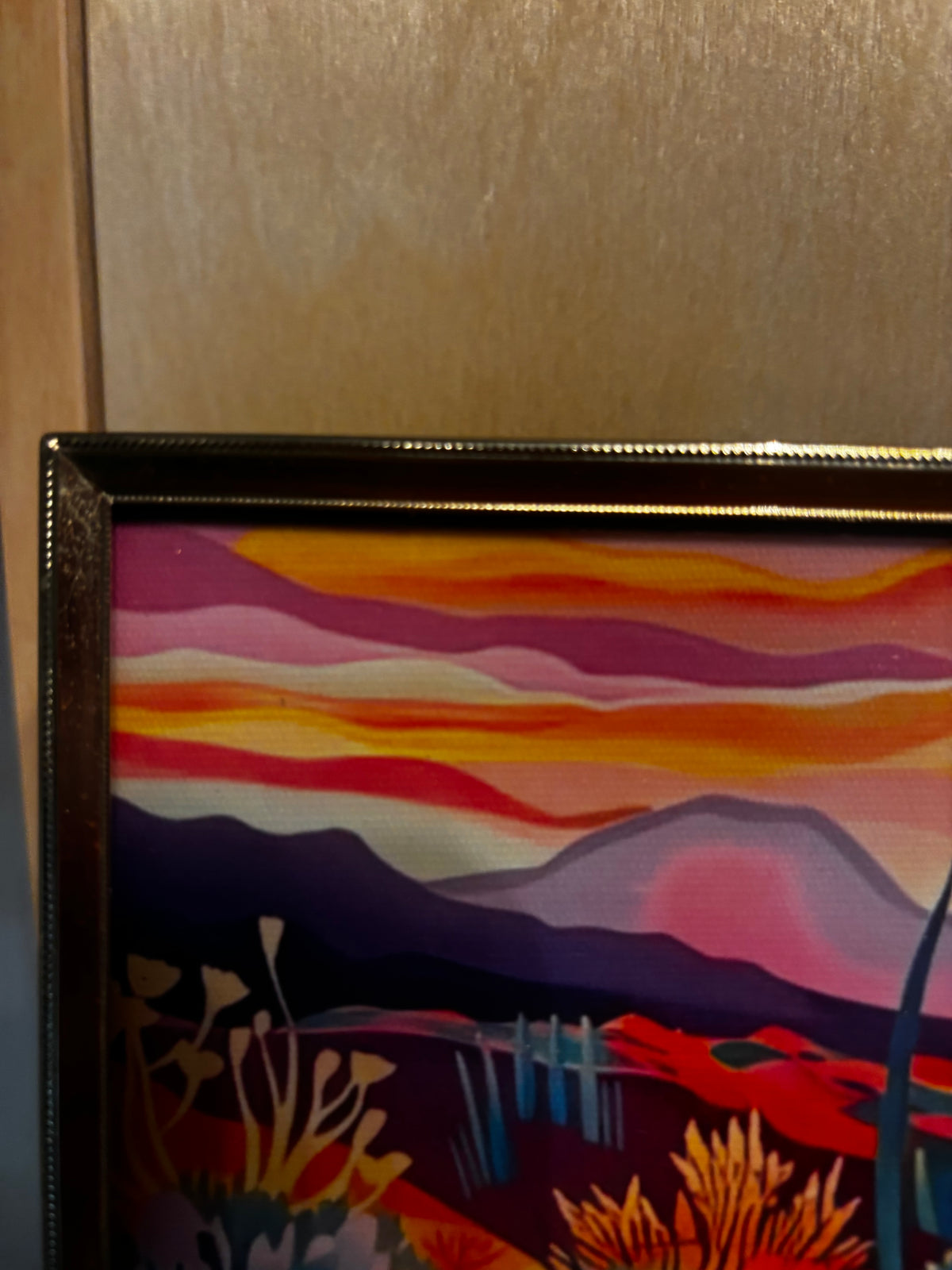 Western Desert Sunset and Cactus Canvas Art in Vintage Gold Frame