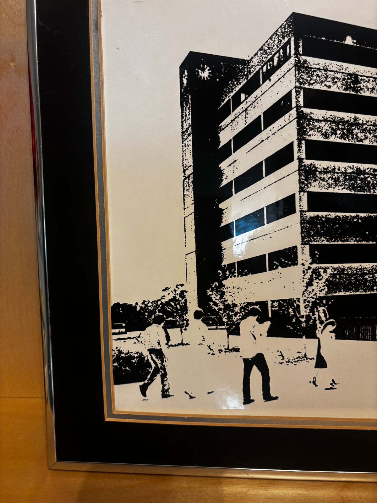 Mid-Century Modern Architectural Black and White Print in Brushed Metal Frame, 17 x 13.5