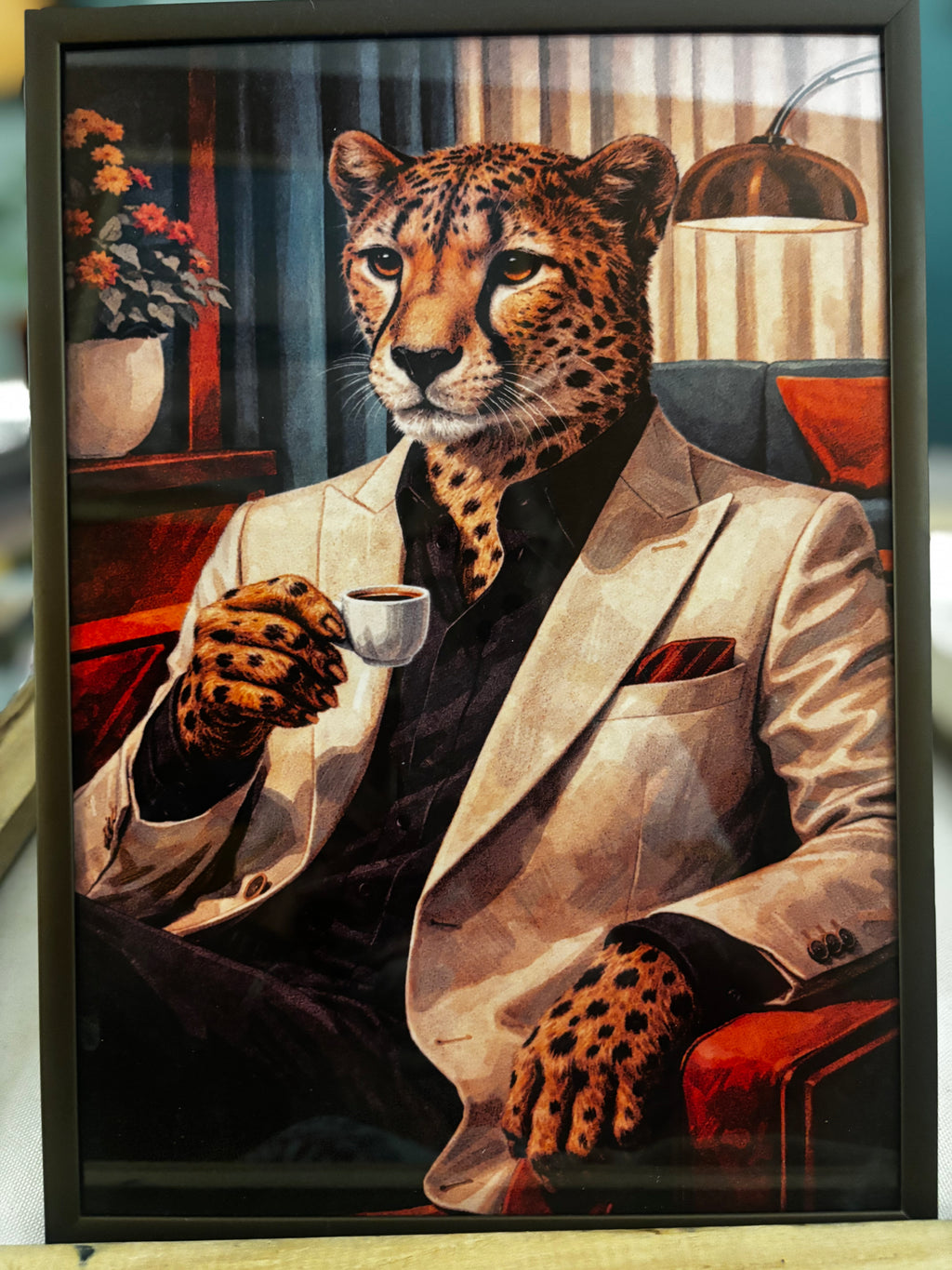 Cheetah in a Suit Whimsical Pop Art Print in Brown and Bronze Frame, 8 x 12