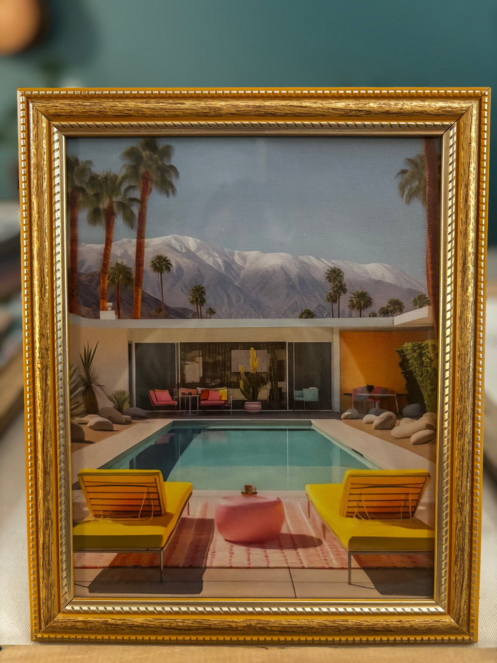 Mid-Century Modern Poolside Architectural Canvas Art in Gold and Yellow Frame, 8 x 10