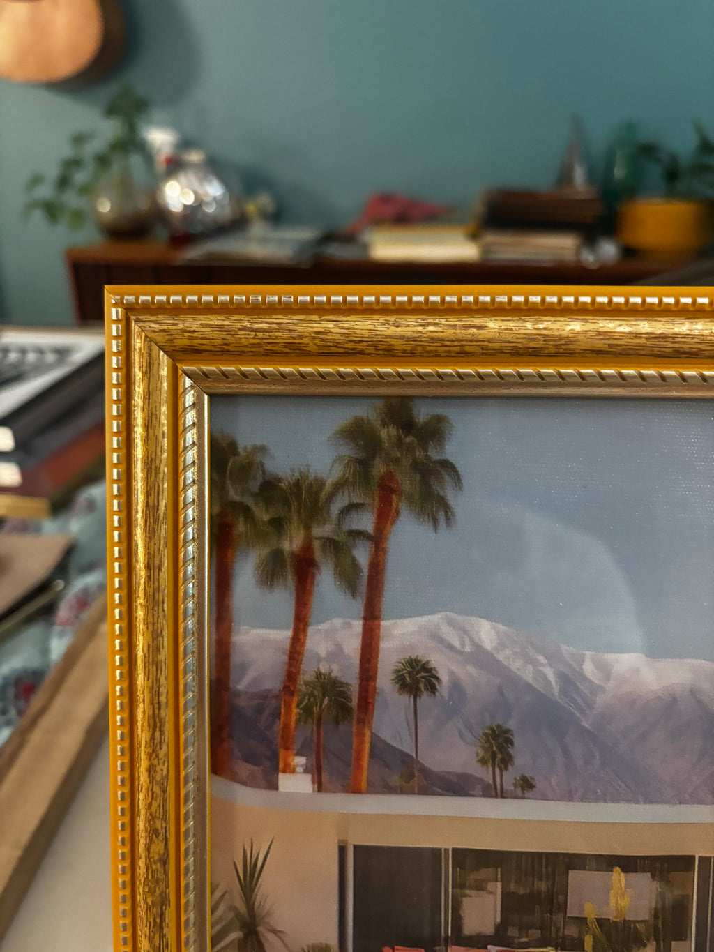 Mid-Century Modern Poolside Architectural Canvas Art in Gold and Yellow Frame, 8 x 10