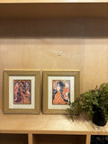 Vintage Art Nouveau style framed wall art pair in gold ribbed wood frames by Soho Kitty