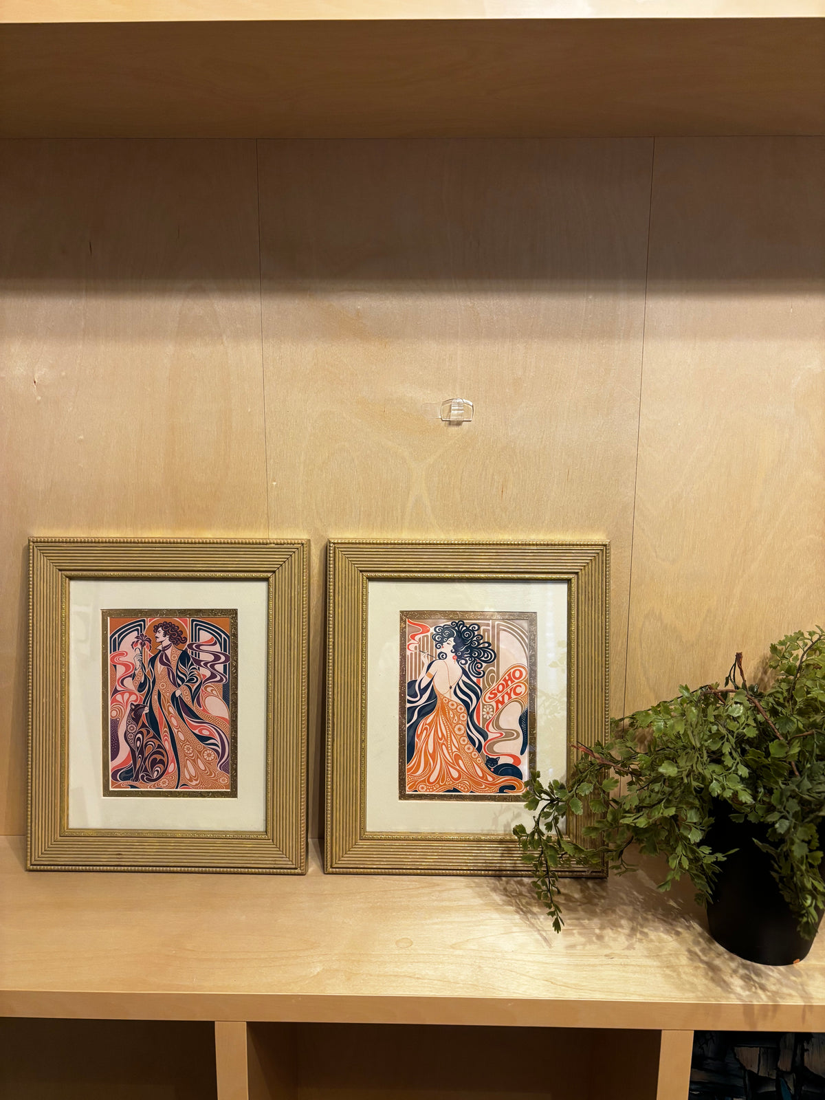Vintage Art Nouveau style framed wall art pair in gold ribbed wood frames by Soho Kitty