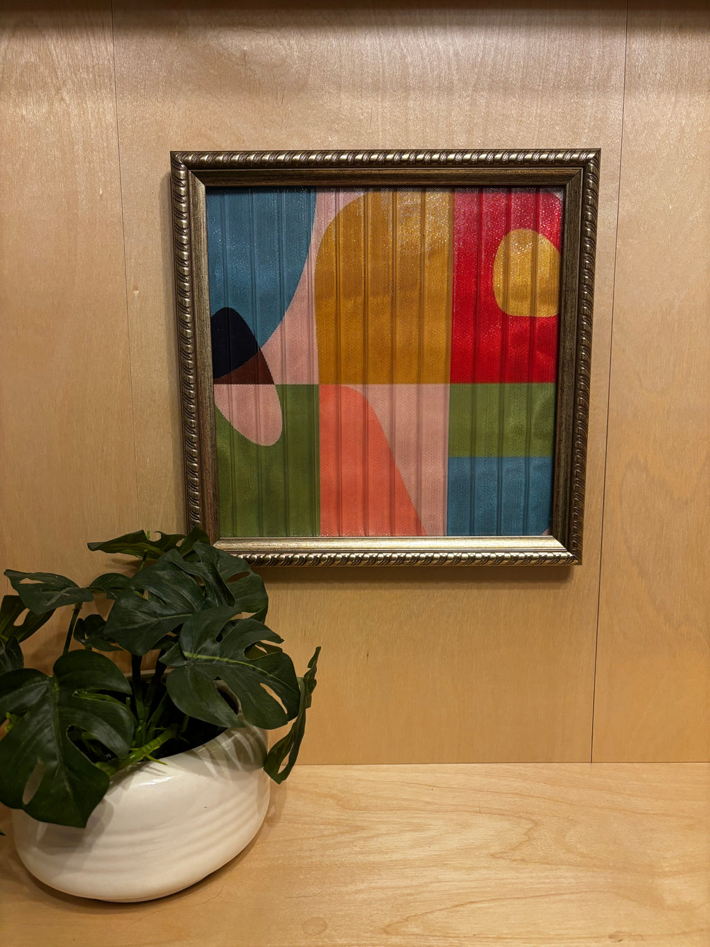 Vintage MCM Textured Glass Geometric Art with Gold Embellished Frame