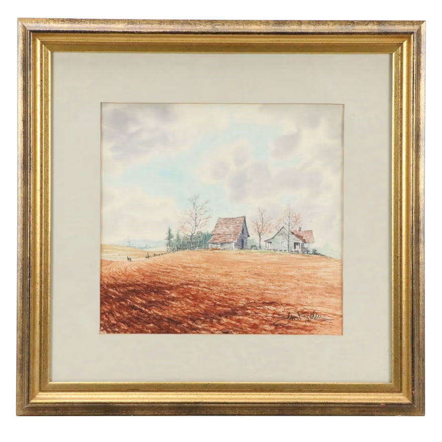 Autumnal Homestead Landscape Watercolor, 1981 shown in the product listing