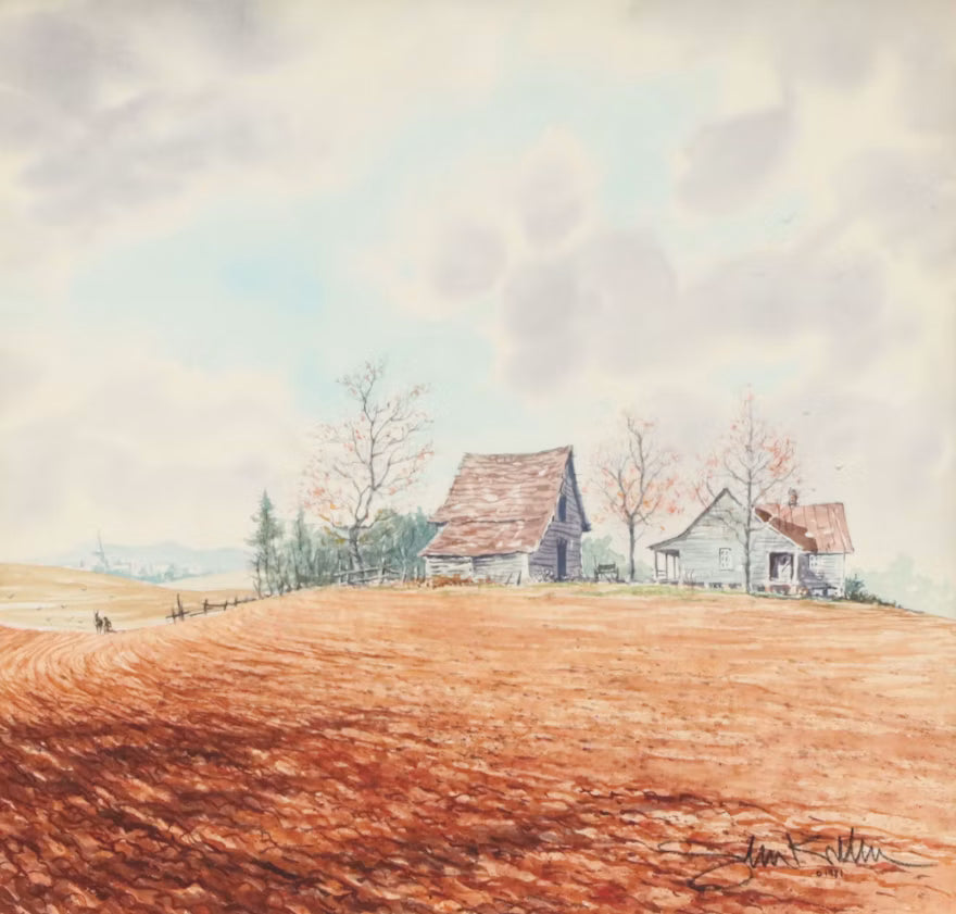 Autumnal Homestead Landscape Watercolor, 1981