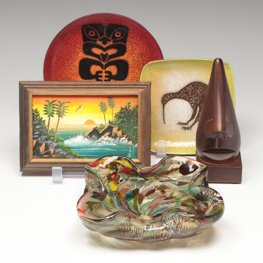 Enameled Kiwi Dish, Seascape Painting and Decorative Accent Set shown in the product listing