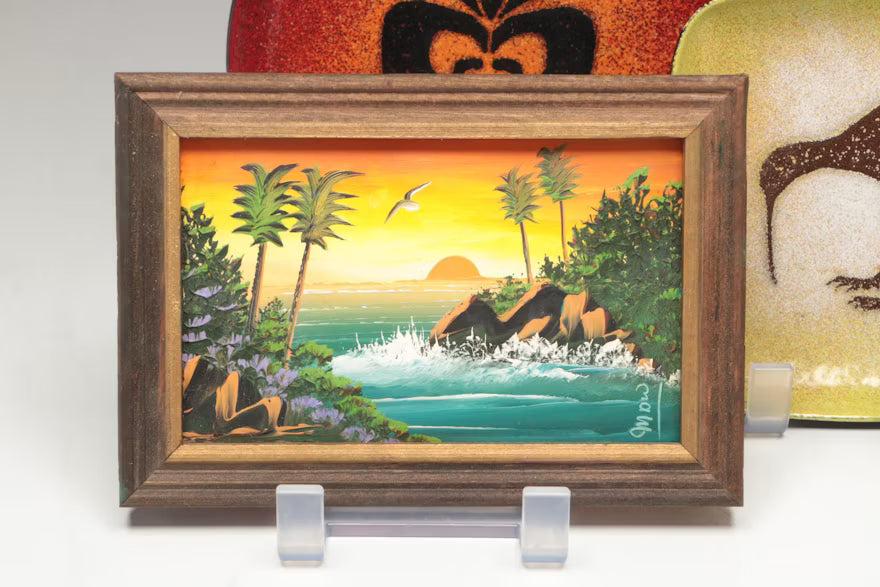 Enameled Kiwi Dish, Seascape Painting and Decorative Accent Set