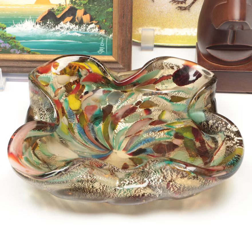 Enameled Kiwi Dish, Seascape Painting and Decorative Accent Set