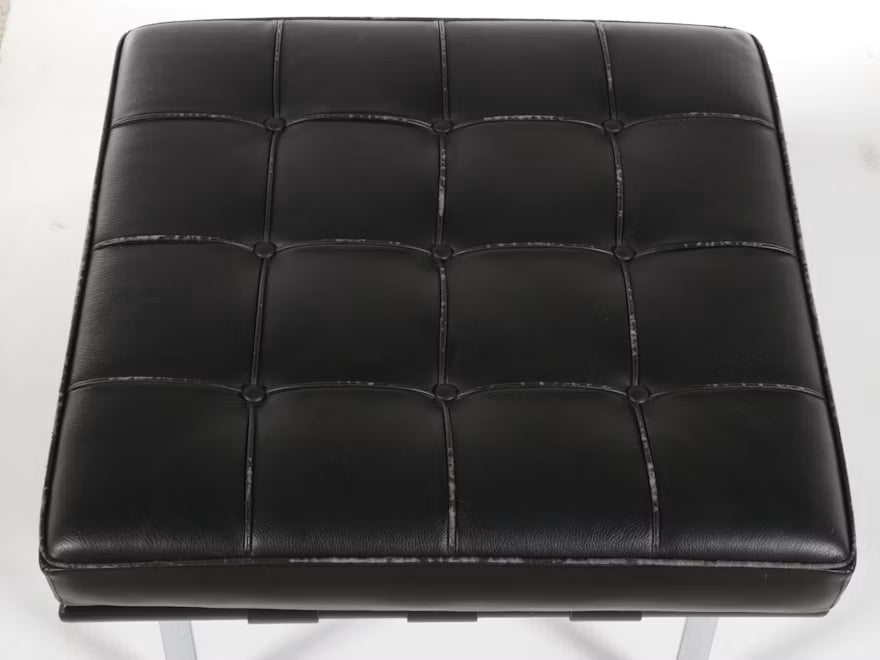 Barcelona-Style Black Leather and Chrome Ottoman