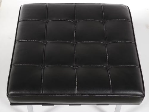 Barcelona-Style Black Leather and Chrome Ottoman