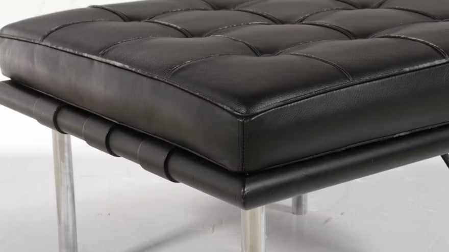 Barcelona-Style Black Leather and Chrome Ottoman
