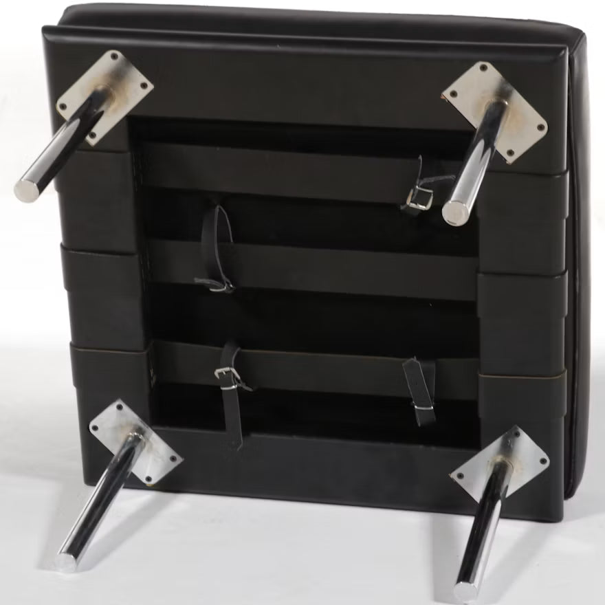 Barcelona-Style Black Leather and Chrome Ottoman