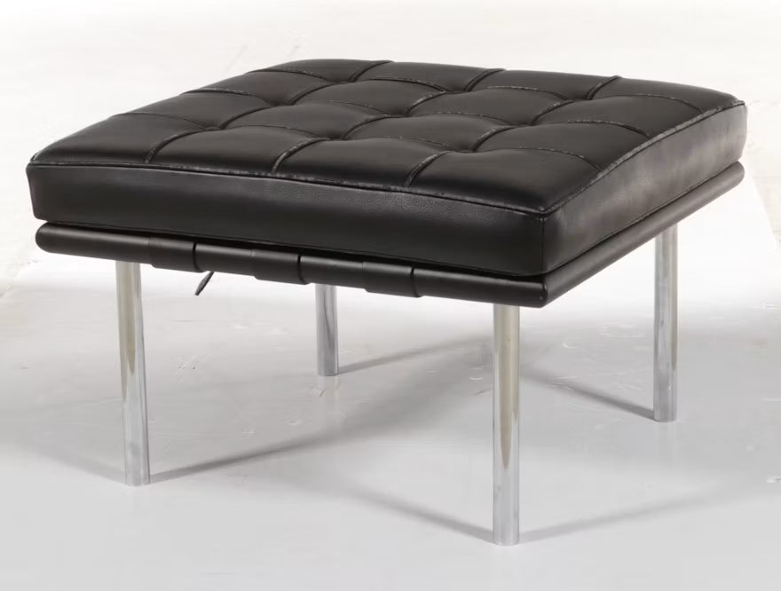 Barcelona-Style Black Leather and Chrome Ottoman