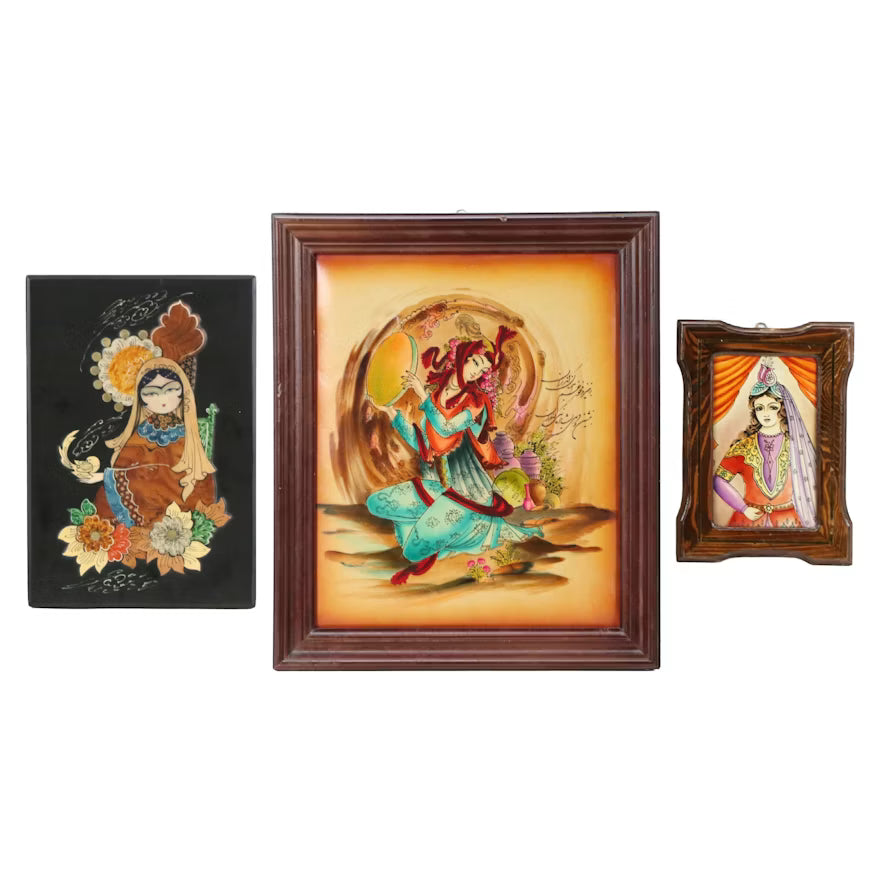 Persian-Style Hand-Colored Relief Prints and Iranian Marquetry Panel shown in the product listing
