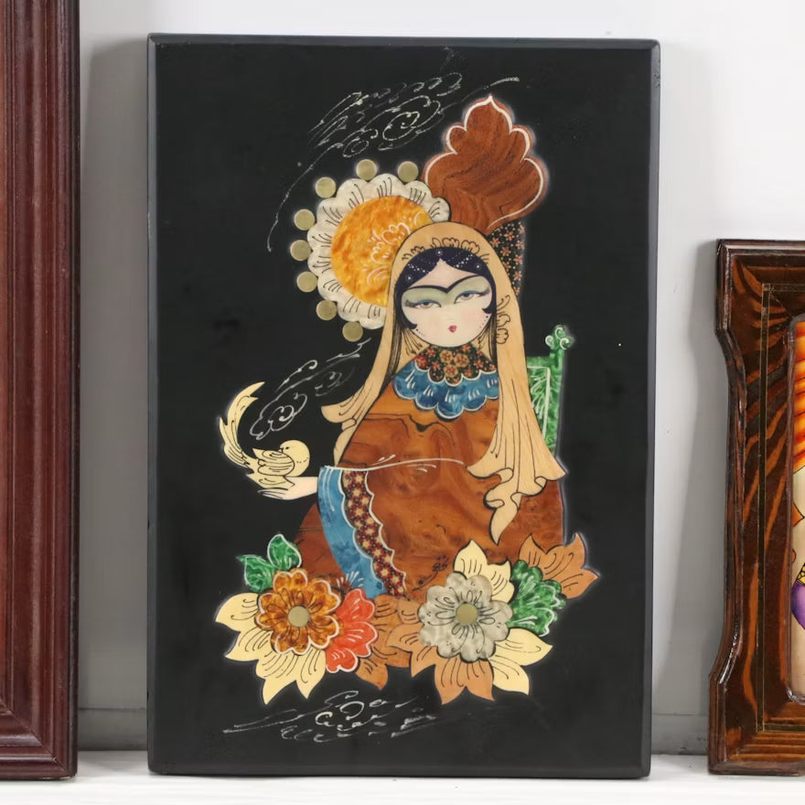 Persian-Style Hand-Colored Relief Prints and Iranian Marquetry Panel
