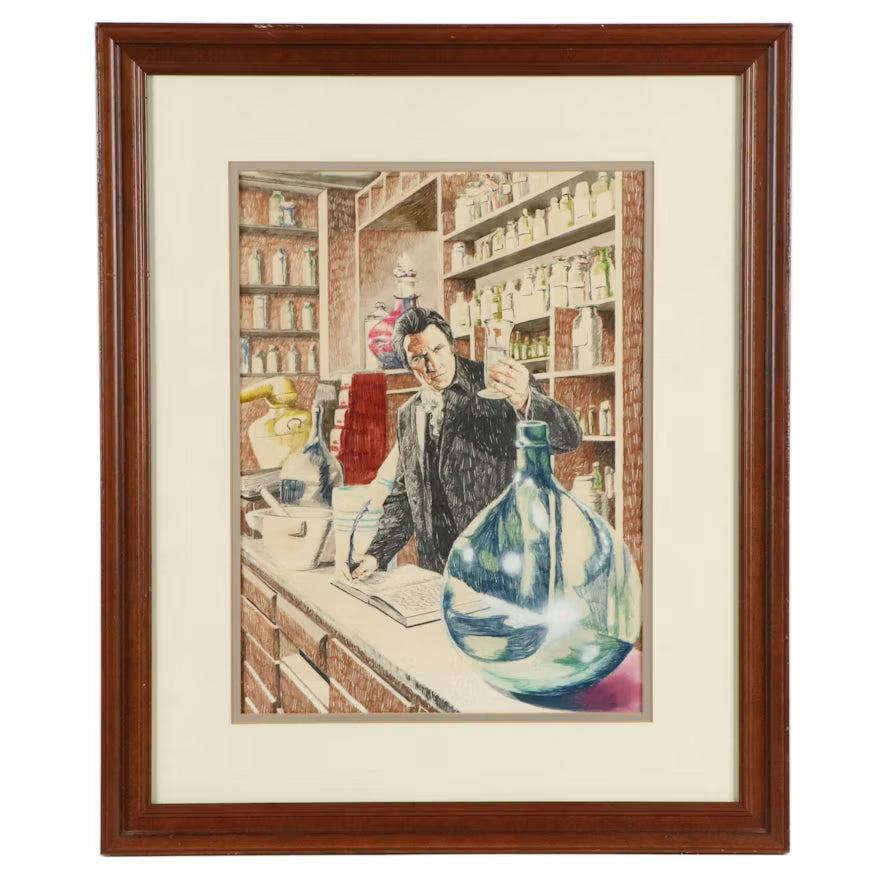 Attributed to Roger Descombes Pharmacist Mixed Media Illustration shown in the product listing