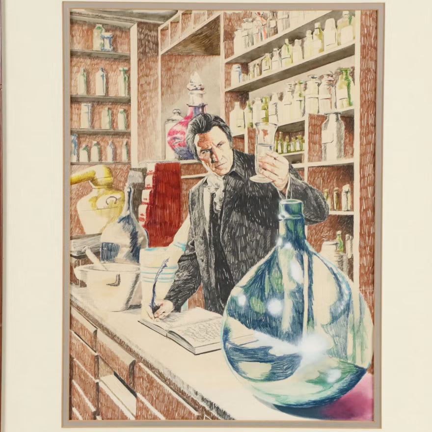 Attributed to Roger Descombes Pharmacist Mixed Media Illustration