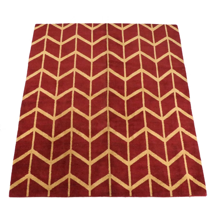 Hand-Knotted Indian Red and Beige Chevron Wool Area Rug, 8 x 10 shown in the product listing