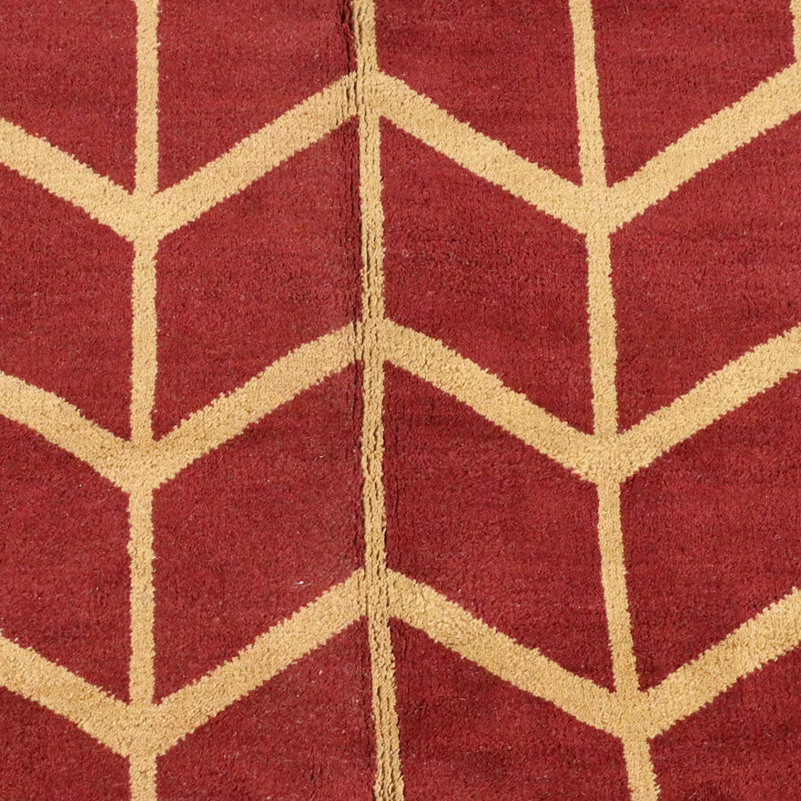 Hand-Knotted Indian Red and Beige Chevron Wool Area Rug, 8 x 10