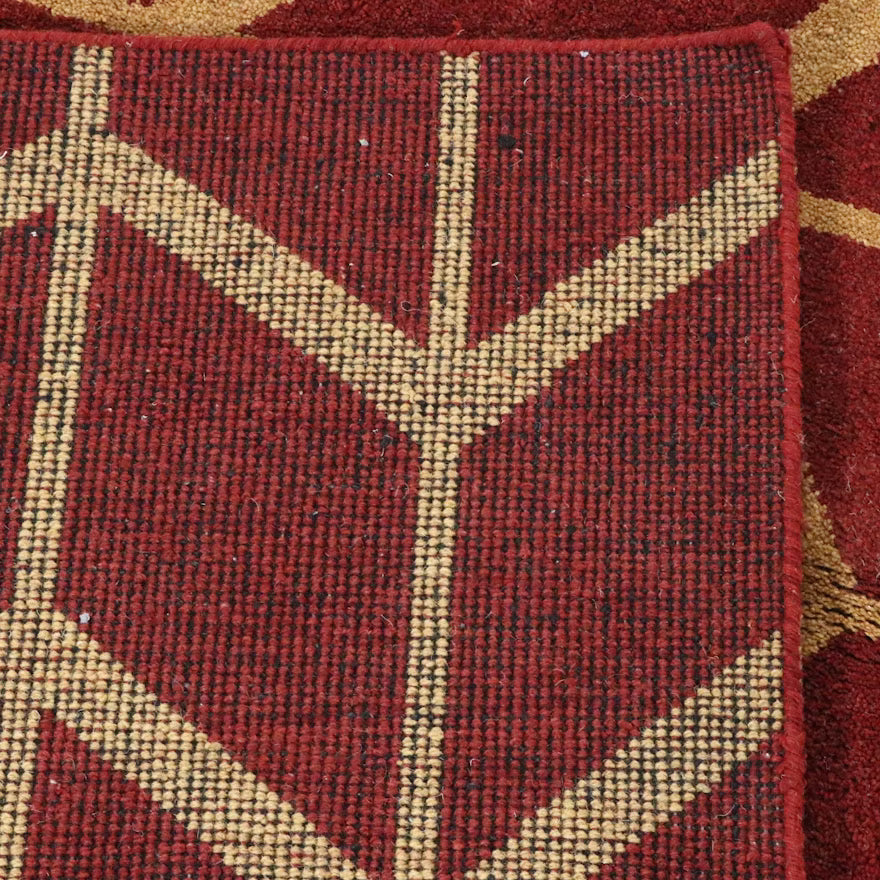 Hand-Knotted Indian Red and Beige Chevron Wool Area Rug, 8 x 10
