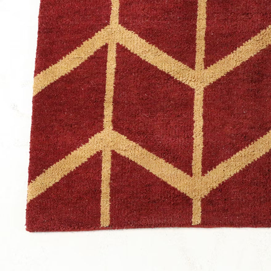 Hand-Knotted Indian Red and Beige Chevron Wool Area Rug, 8 x 10