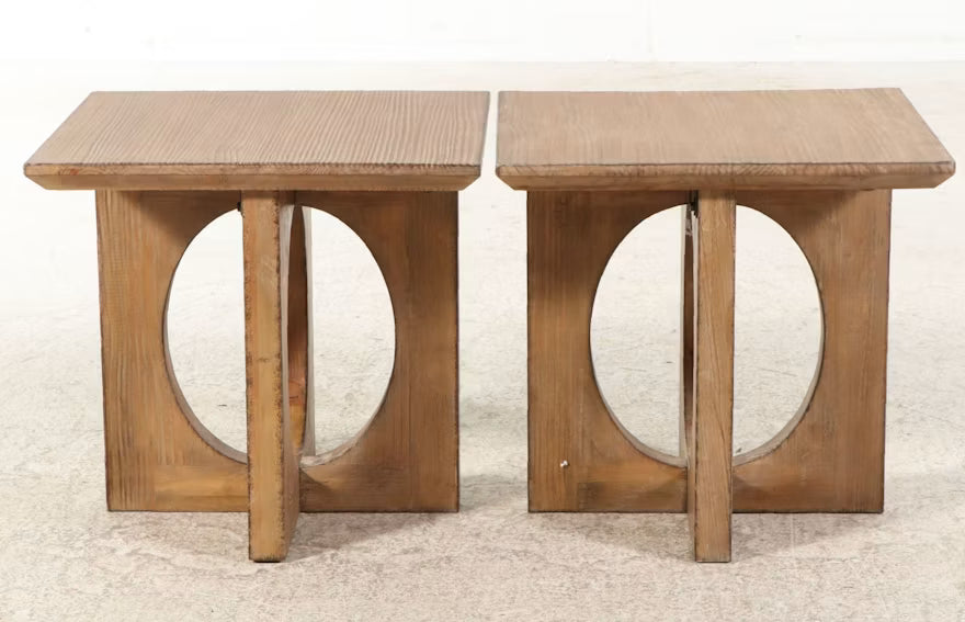 Pair of postmodern wood side tables with geometric design and contemporary styling